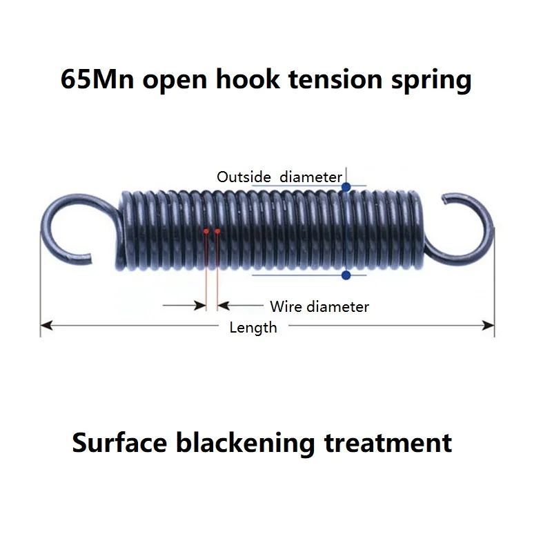 65Mn Open Hook Tension Spring, Wire Dia 0.8/0.9mm Outer Dia 8/9/10mm, Length 30-300mm Open Hook With Hook Spring Black Tension S