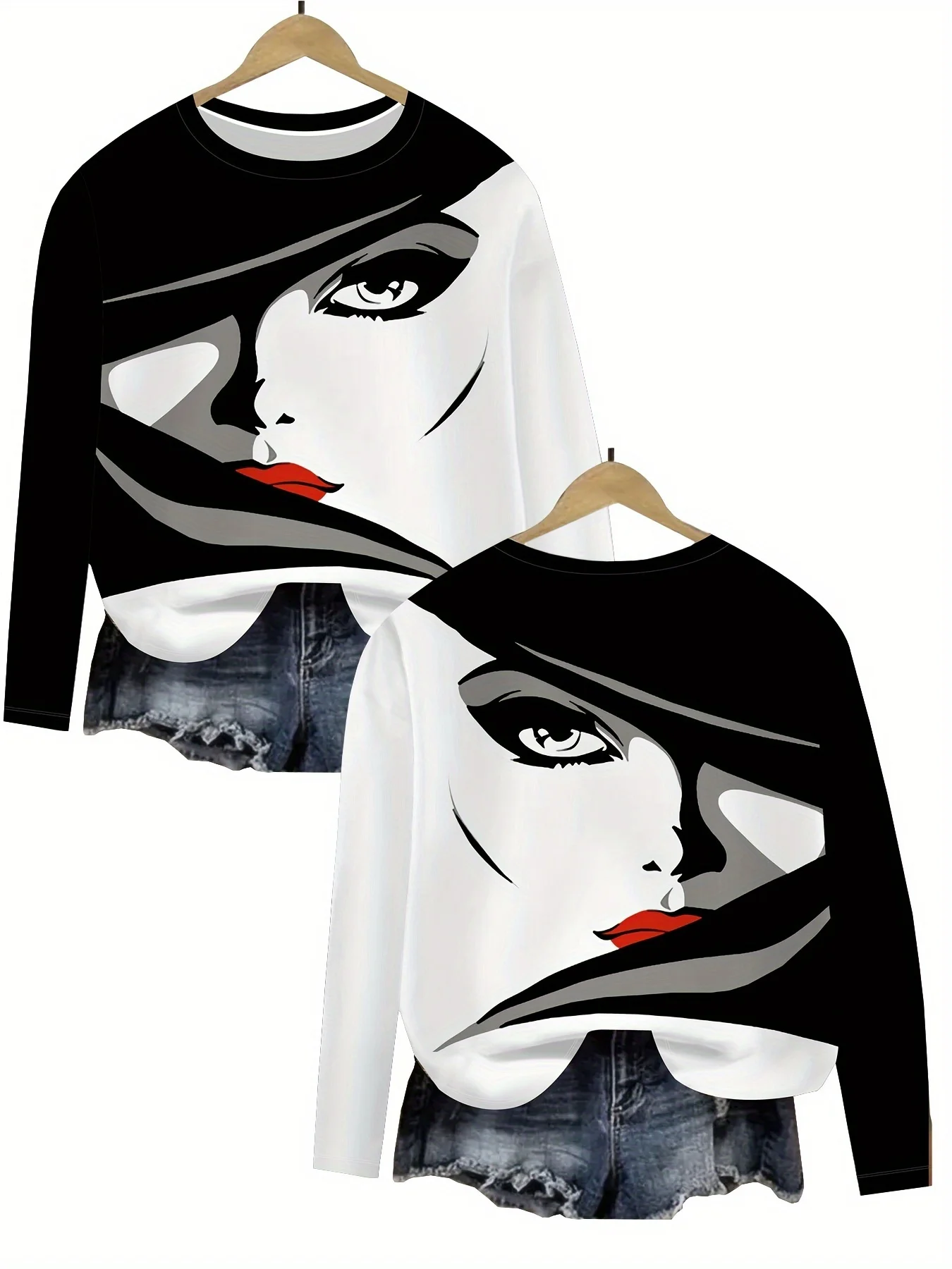 

Spring/Autumn Women's Casual Long-sleeved T-shirt with Bold Line Art Portrait Design 3D Print in Black and White Contrast