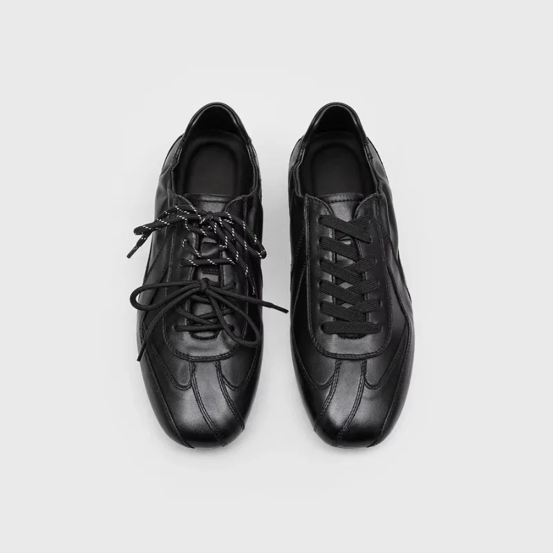 Luxury Cow Leather Casual Shoes Men's Square Toe Training Outdoor Sneakers Male Flats Breathable Lace Up Genuine Leather Black