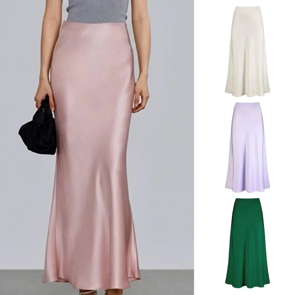 

Women Fishtail Skirt Elegant Silky Texture Maxi Skirt for Women High Waist Fishtail Long Skirt Solid Color Satin Spring Summer