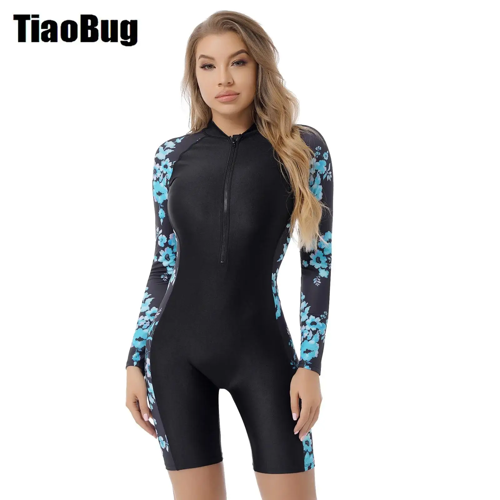 Women Floral Geometric Pattern Print Swimsuit One-piece Long Sleeve Front Zipper Jumpsuit Surfing Bodysuit Beach Swimwear