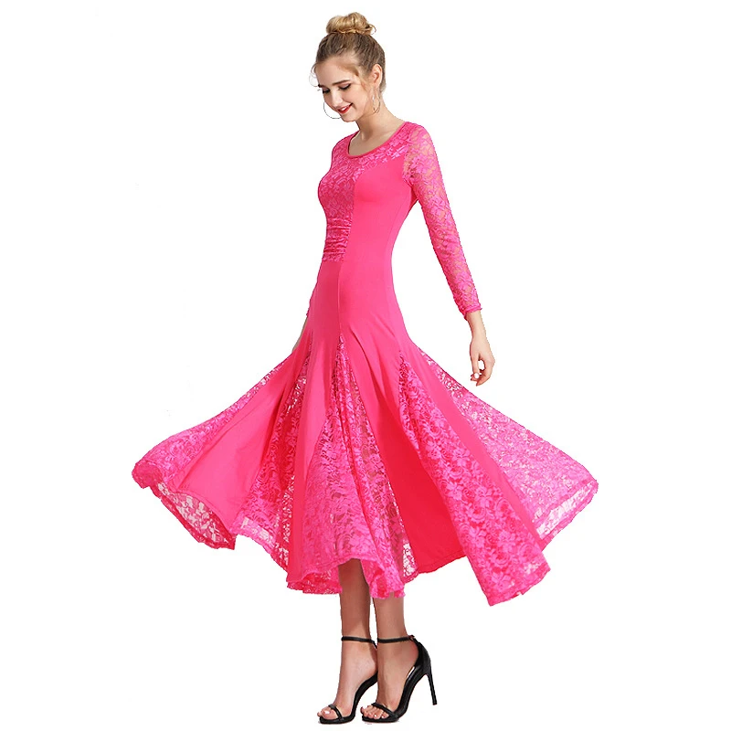 New Long Lace Sleeve Modern Waltz Competition Dress | Ballroom Dance Gown for Women 5 Colors Plus Size 3XL High Quality