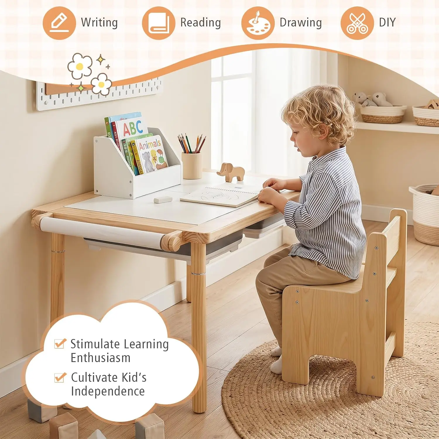Sensory Table and Chair Set, Wooden Sand & Water Activity Set W/Adjustable Height, Dual Sided Top, 2 Bins, Paper Roll & 2 Hooks for Art, Study, Craft, Gift for Boys Girls 3+