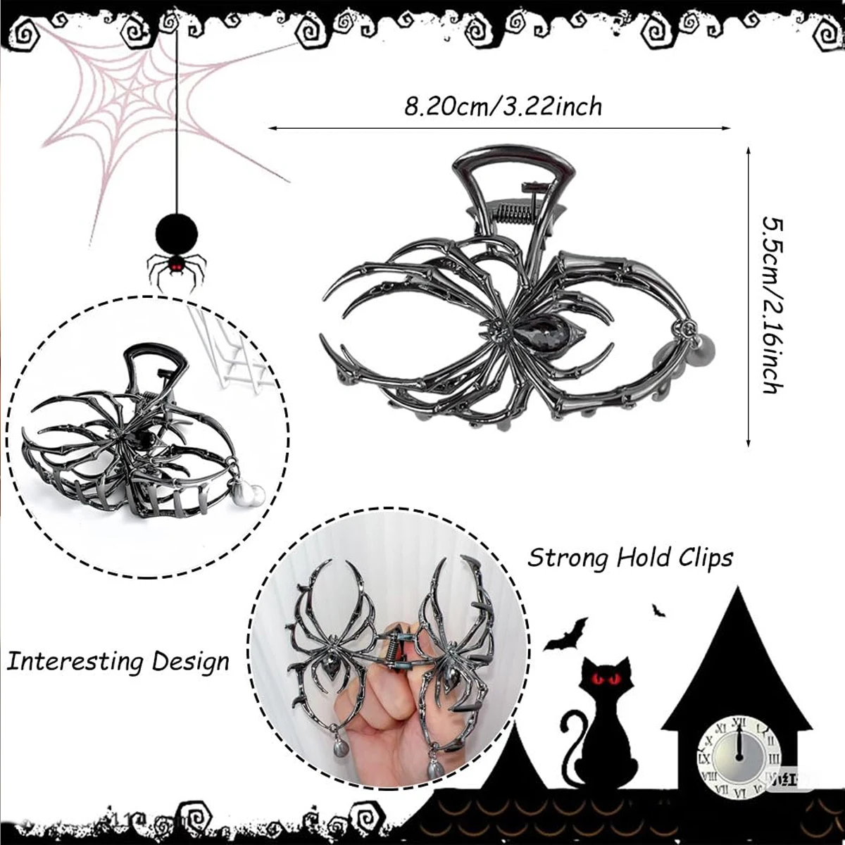 1Pcs Halloween Black Spider Hair Claw Clips z perłowym wzorem, metalowe gotyckie spinki do włosów Punk Mocne akcesoria do włosów