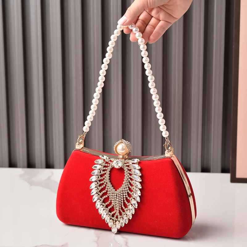 Burgundy Handbag Pearl Crystals Bag Crossbody Wallets for Women Vintage Elegant Party Clutch Purses Velvet Luxury Designer Bag