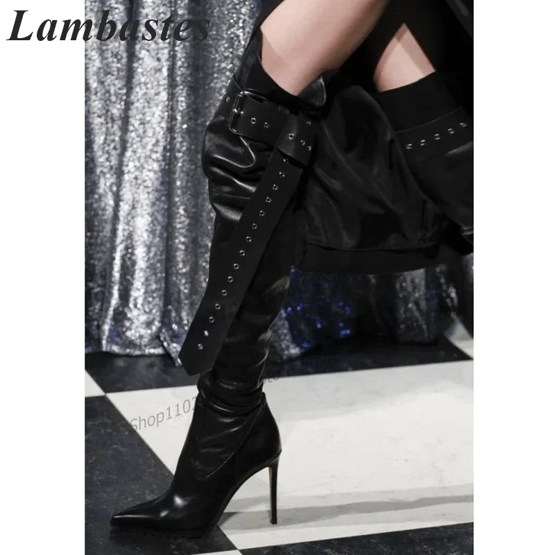 

Over The Knee Black Matte Leather Belt Decor Boots Stilettos High Heel Women Shoes Side Zipper Pointed Toe 2023 Zapatillas Mujer
