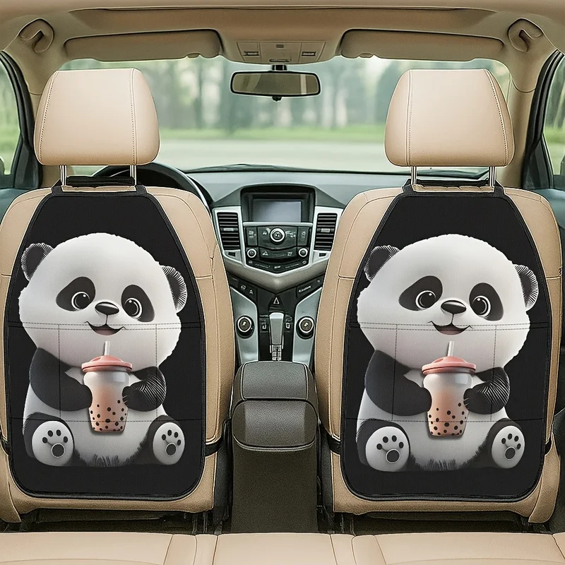 Car Seat Back Covers With Storage Pockets, Cute Panda Holding Bubble Tea For Car Interior Decor