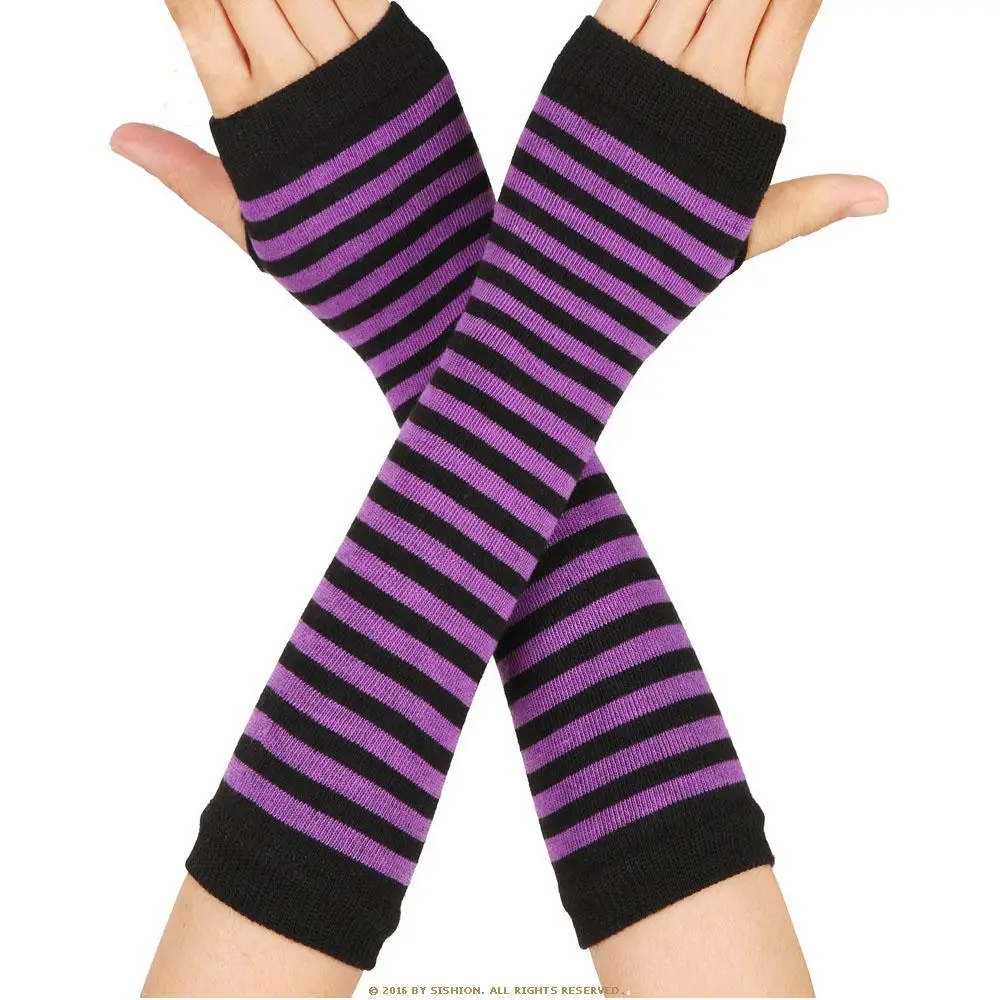 

Fashion Keep Warm Dew Finger Sleeve Knitted Women Arm Warmers Hand Mitten Fingerless Gloves Striped Glove