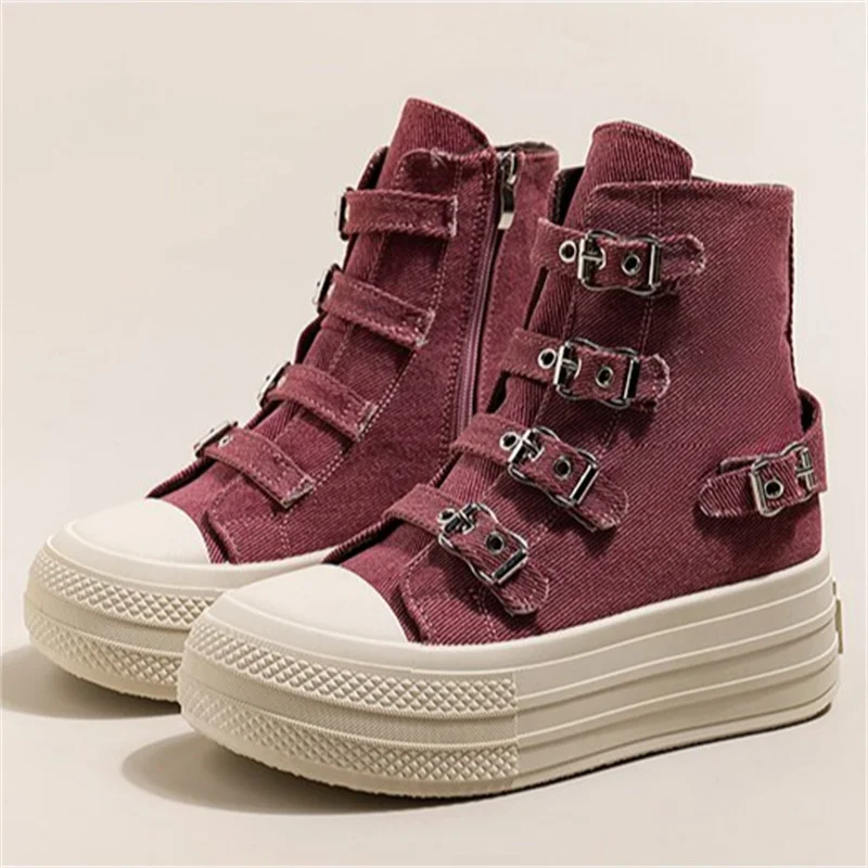 High Top Canvas Shoe for Women Design Buckle Strap Zip Simplicity Female Shoes High Street Grace Walking Shoe Outdoor Girl Boots