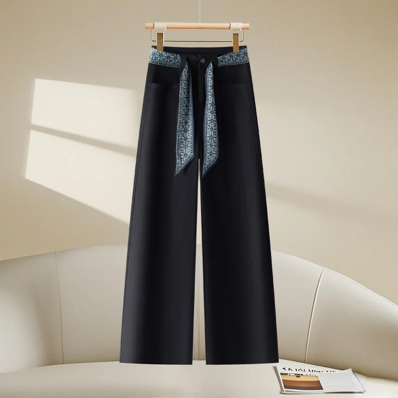 Celana Panjang Wanita High Waist Wide Leg Musim Gugur Terbaru, Longgar, Meniruskan, Model Draped Kasual, Fashionable, Serbaguna, dengan Pita, Model Lurus