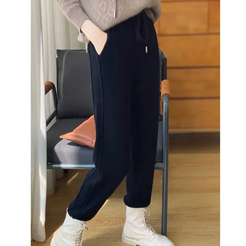 Autumn Winter High Waist Small Feet Pants Women\'s Leisure Elastic Waist Drawstring Straight Tube Wool Knitted Bottom Pants