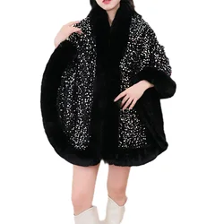 12 Colors Women Long Faux Rabbit Fur Sequin Fabric Cape Winter Poncho Warm Thick Loose Shawl Outer Wear Wedding Party Wraps