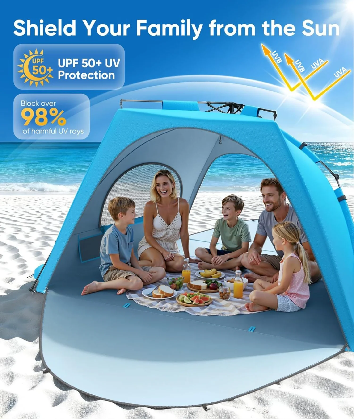 Beach Tent Sun Shelter for 5-6 Person, Pop Up Canopy, UPF 30+ UV Protection, Breathable Mesh Window, Portable with Carrying Bag, for Sand/Outdoor, 1 Piece