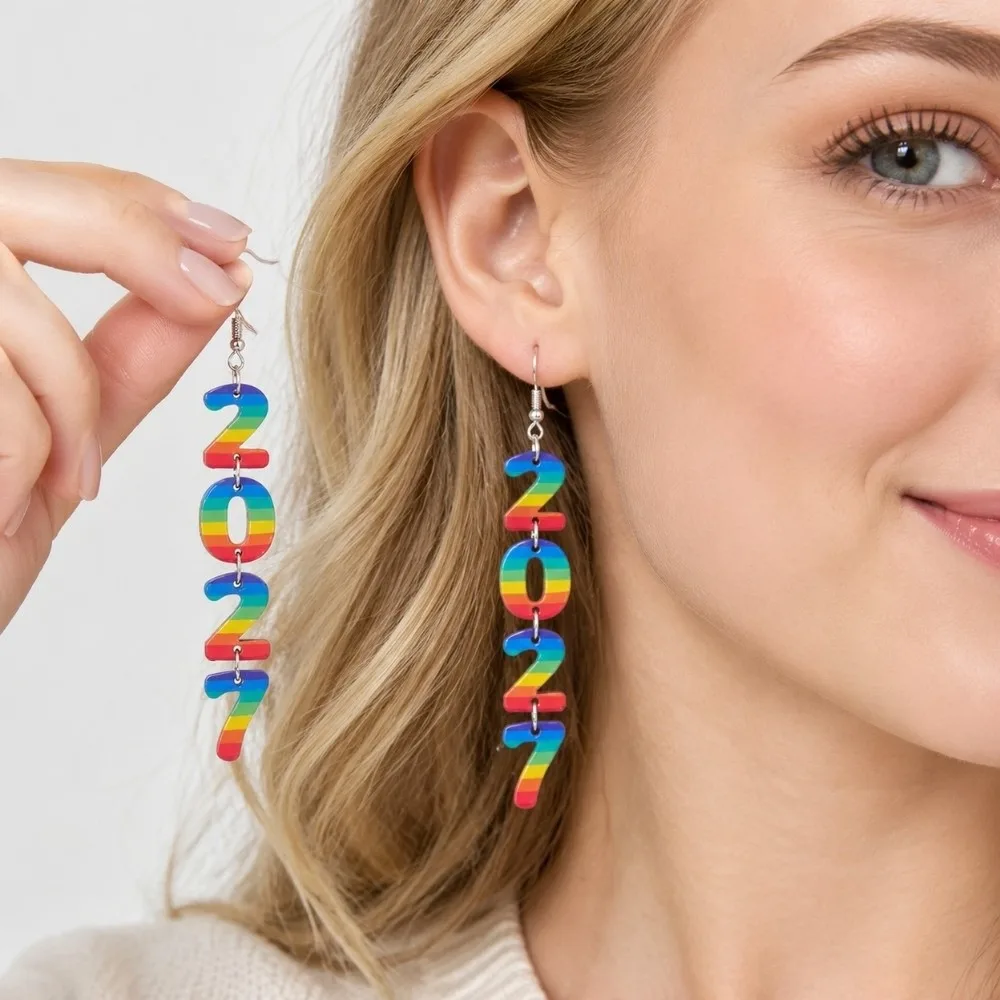 Fashion 2027 Digital Earrings Bohemian Style Elegant Happy New Year Earrings Wood Long Drop Stud Earrings Christmas