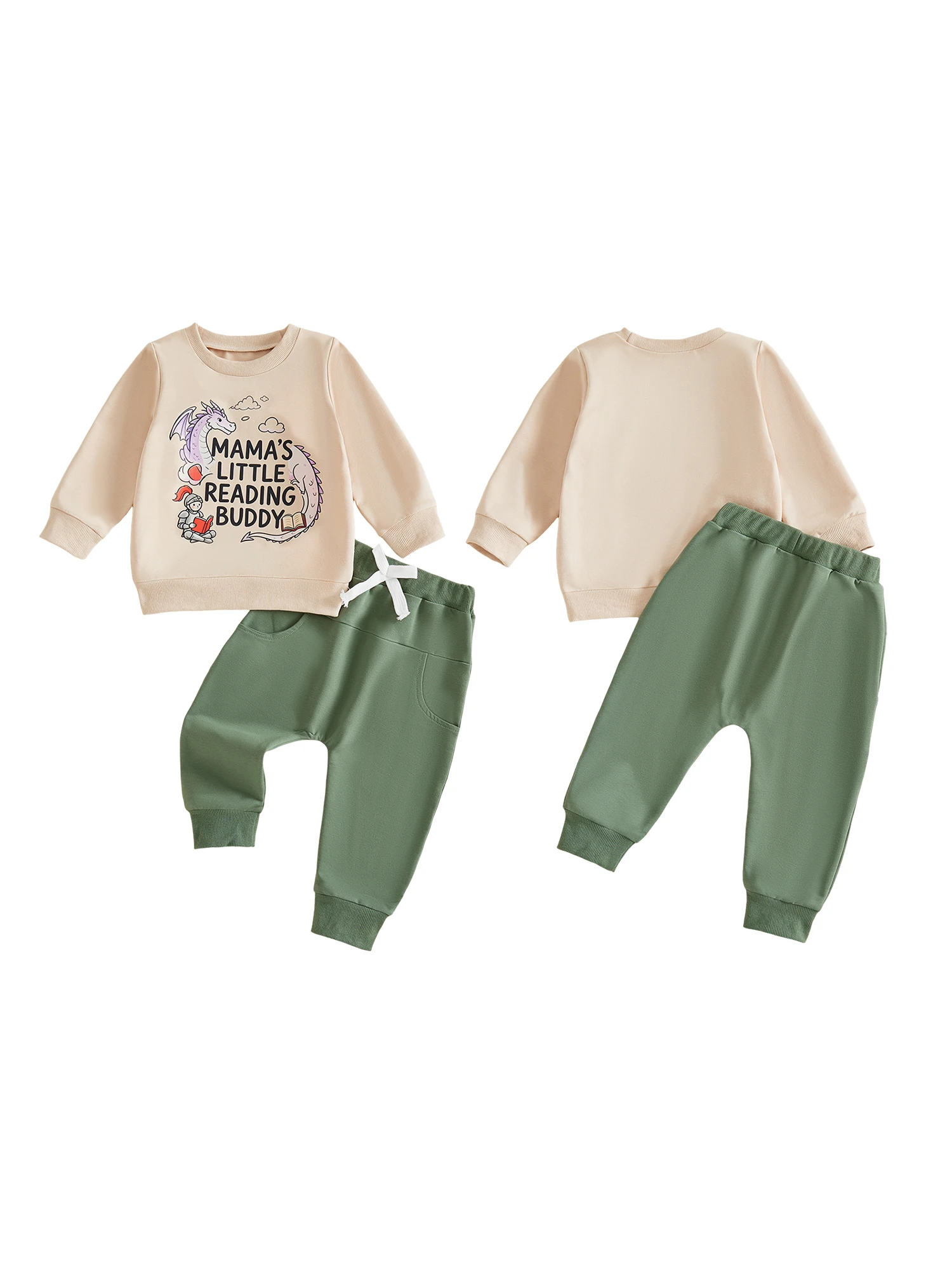 Print Pullover Pants Dragon Print Pullover Color Long Pullover-Solid-Color Outfits Long Sleeve Sleeve