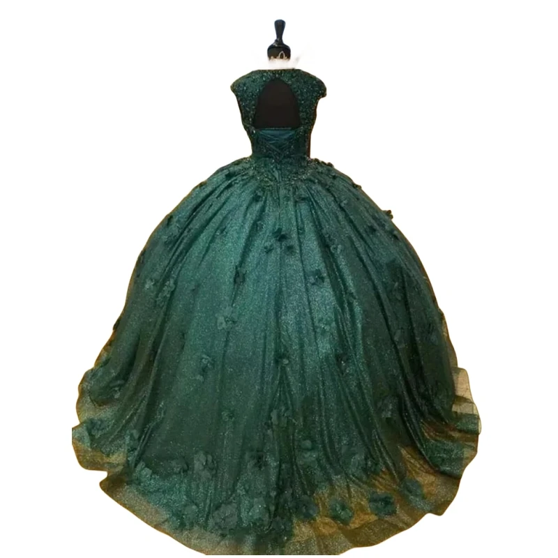 Customized Emerald Green Quinceanera Dresses V Neck Flower Beaded Puffy Skirt Vestido 15 16 Anos Birthday Party Prom Gown 2024