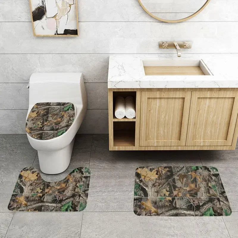 Custom Real Tree Hunting Camo Camouflage Military Bathroom Rugs Sets Non-Slip Absorbent 3 Pieces Bath Toilet Rugs Mats