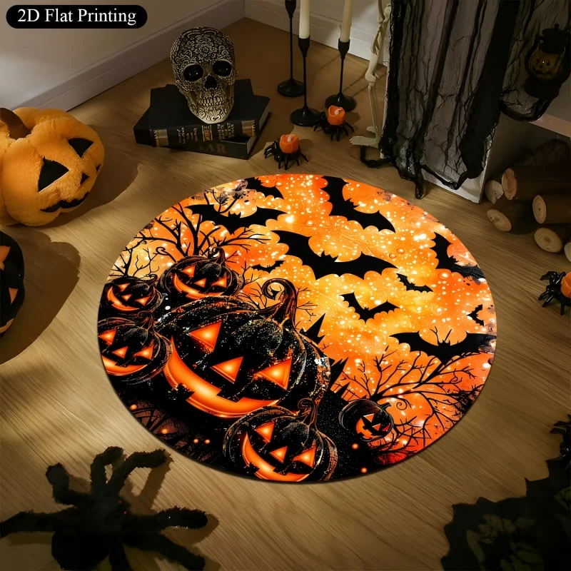 Sugar Skull Rose Welcome Halloween Round Rug, Spider Web Printed Circular Floor Carpet, Spooky Indoor Home Decoration