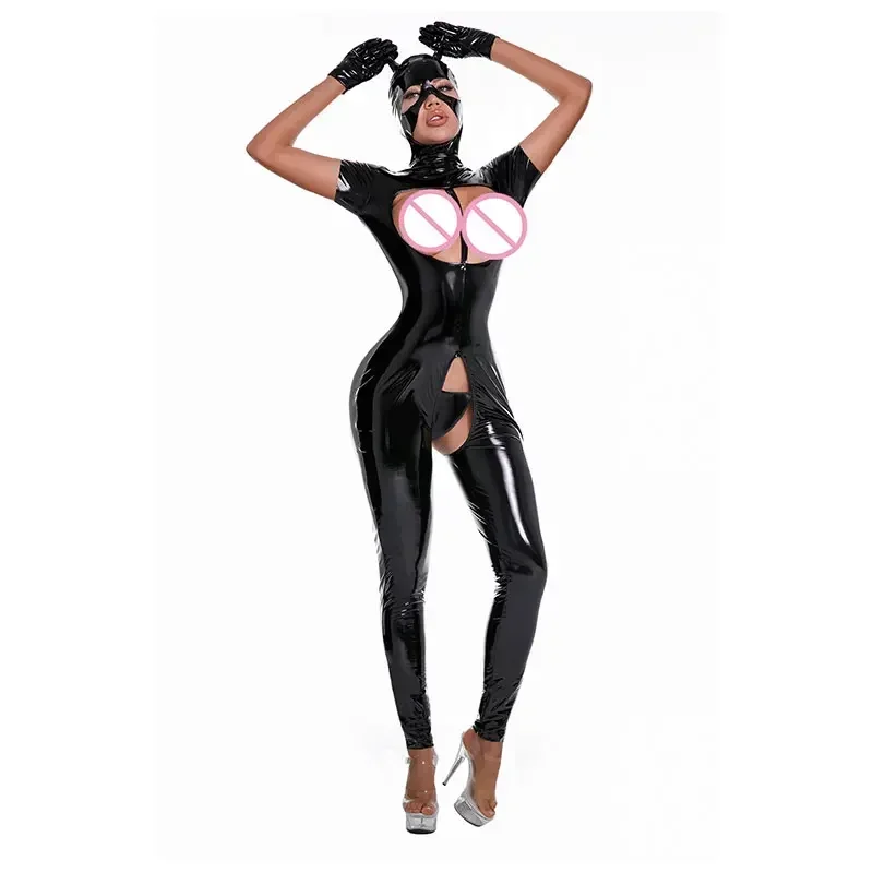 بدلة قفز نسائية مثيرة من الجلد من اللاتكس اللامع مع قناع Ssexy مكشوف الحلمات بدلة مثيرة بدون حمالات #4