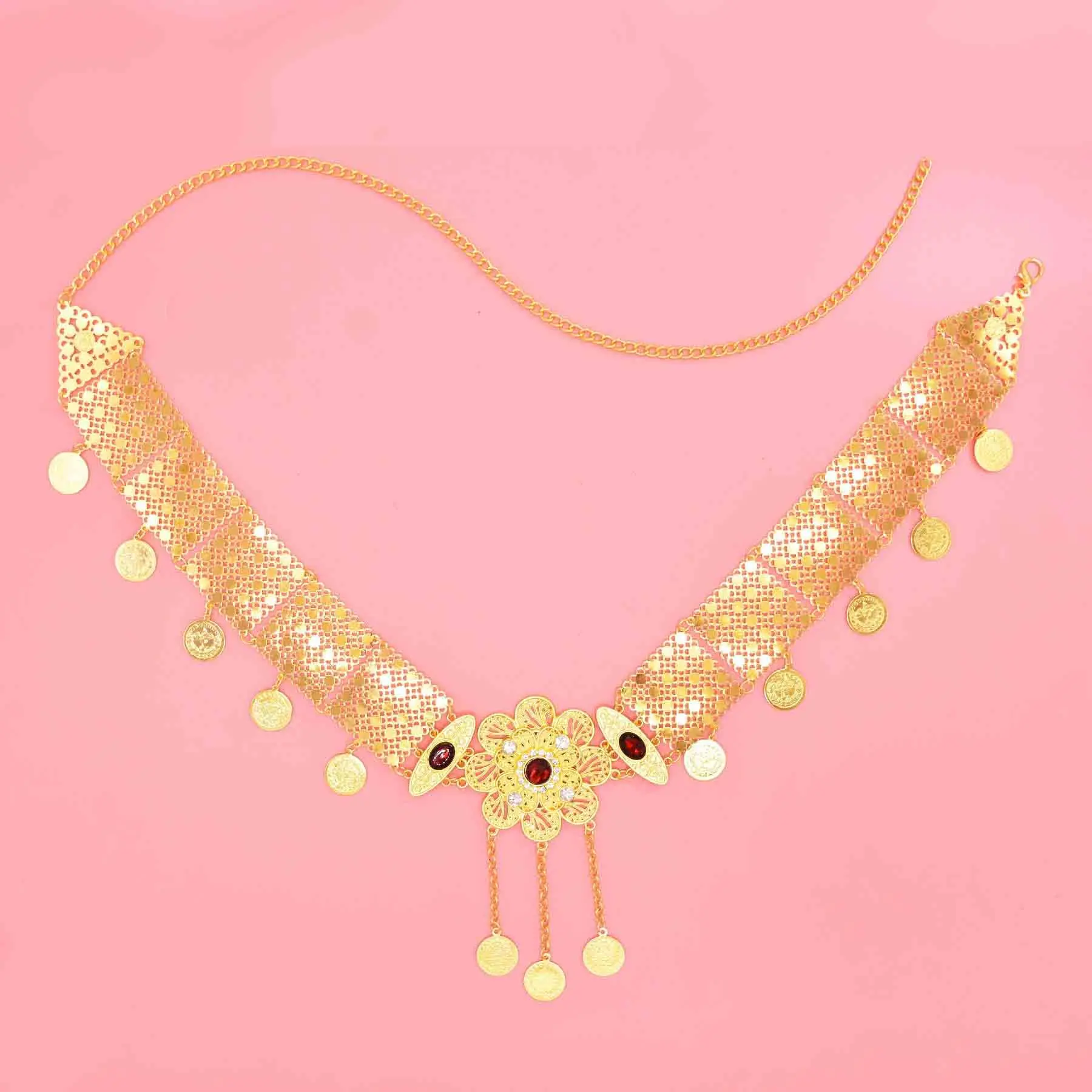 Fashion Hollow Out Three Style Round Flower Pattern Pearl Crystal Long Coin Chain Tassel Belly Waist Chains for Women Dance