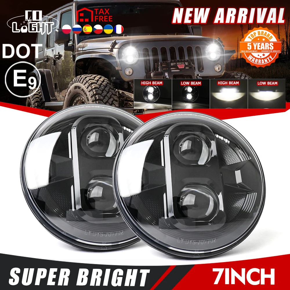 CO LIGHT Running Lights 80W Car Led H4 7inch Car Accessories High Low Beam DOT E9 Led Headlight For Offroad Moto 4X4 Uaz 12V 24V