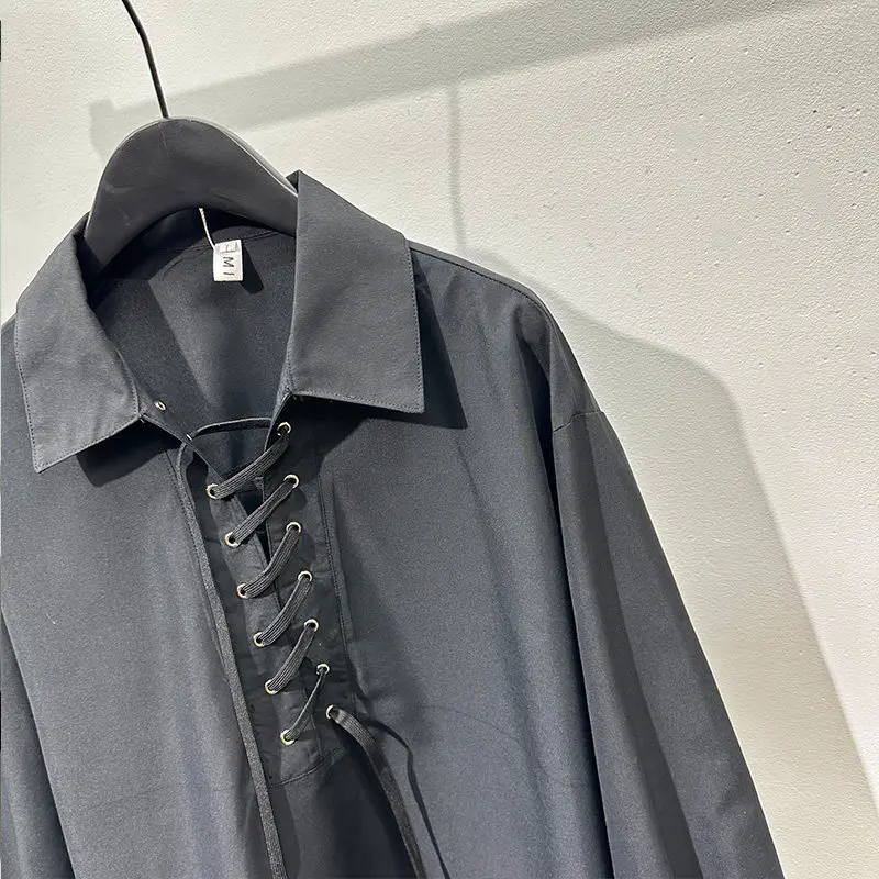 Autumn Fashion Design Sense Avant-Garde Lace-up Lapel Loose Long-Sleeved Shirt Idle Style Ruan Shuai Retro Pullover