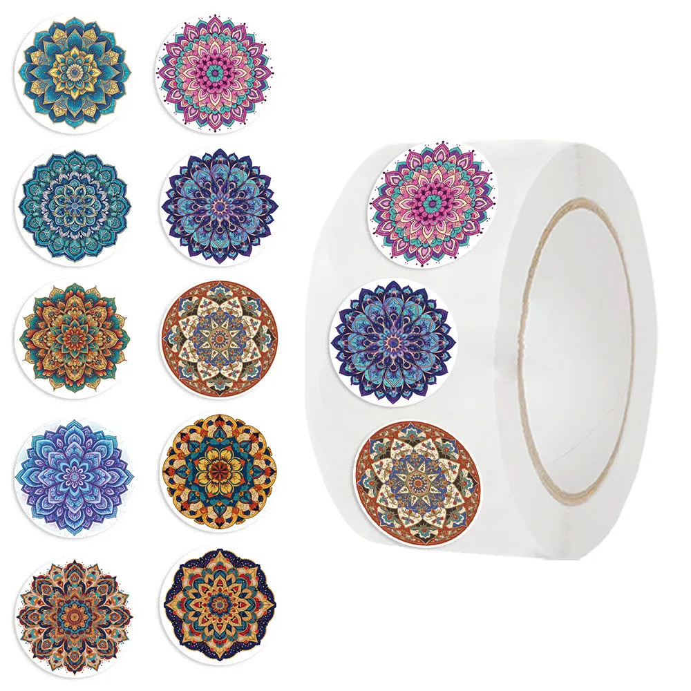 500Pcs/Roll Hot-Selling Mandala Pattern Washi Sealing Stickers- Boho Decor for Journal Envelope Sealing RecordingYourLife Store