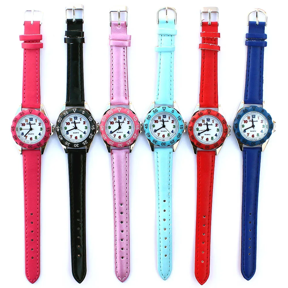 6Pcs Kids Wristwatch Set for Boys And Girls Leather Strap Student Gift Educational Watch