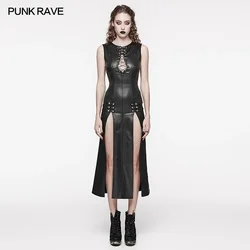 PUNK RAVE Women's Punk Front Are Hollowed Out Drawstring Design Patent Leather Dress Slim Sleeveless Summer Women Clothing