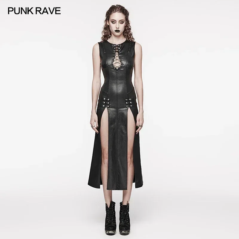 PUNK RAVE Women's Punk Front Are Hollowed Out Drawstring Design Patent Leather Dress Slim Sleeveless Summer Women Clothing