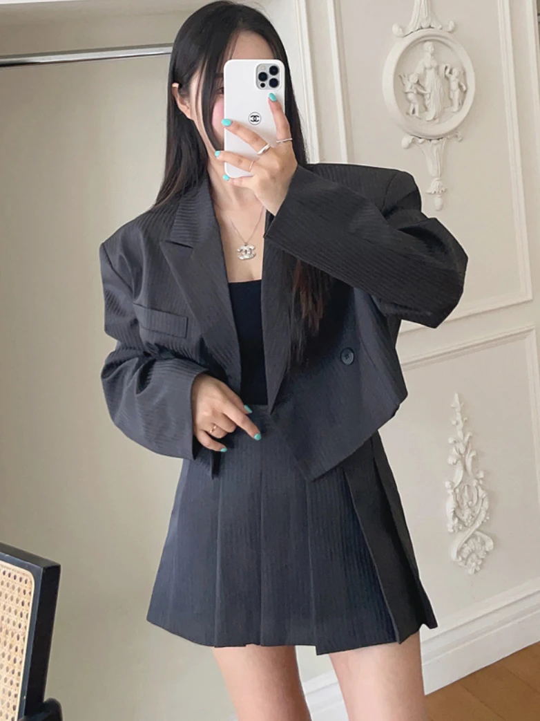 

Korean Sle Faion Set Women's ort Design Coat High Waist Slimming Pleated Skirt Autumn Wear Chic Two-Piece Suit for Ladies