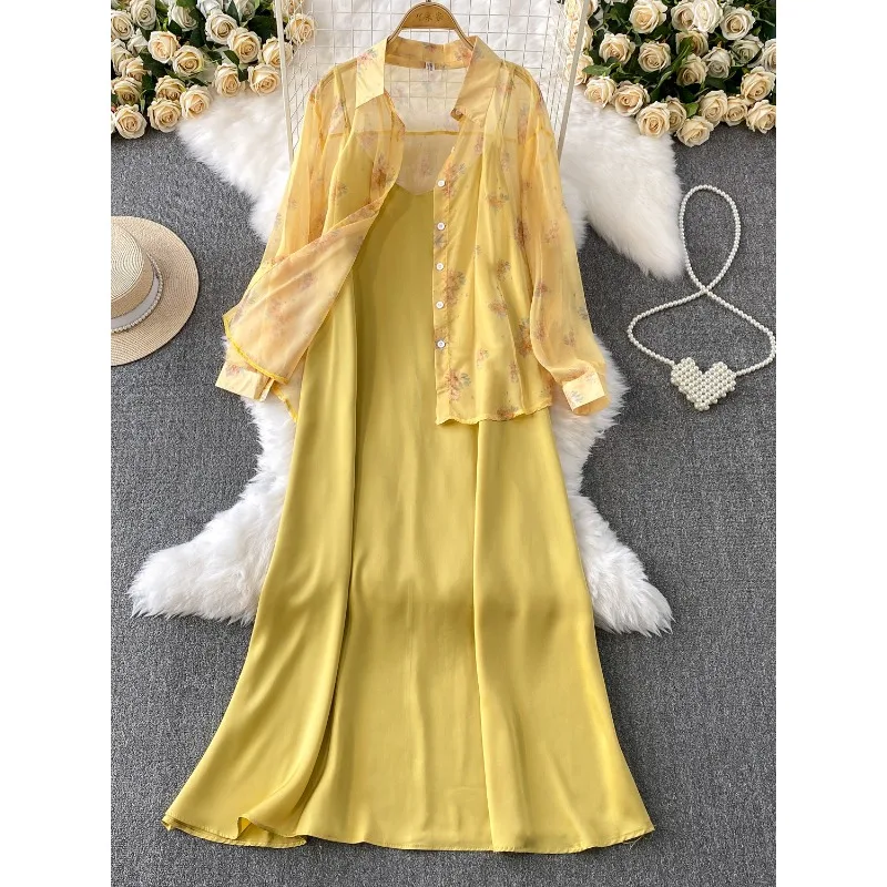 Ensemble deux pièces pour chemise de protection solaire, veste + robe longue ample, motif Floral bleu fin, à manches longues, costumes élégants à la mode, été 2026