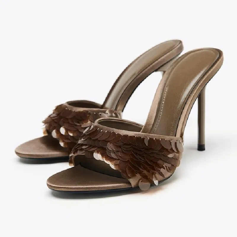 

Sexy Sequined Cloth Design High Heel Slippers Women Fashion Round Toe Open Toe Thin Heel Slide Sandal Elegant Banquet Dress Shoe