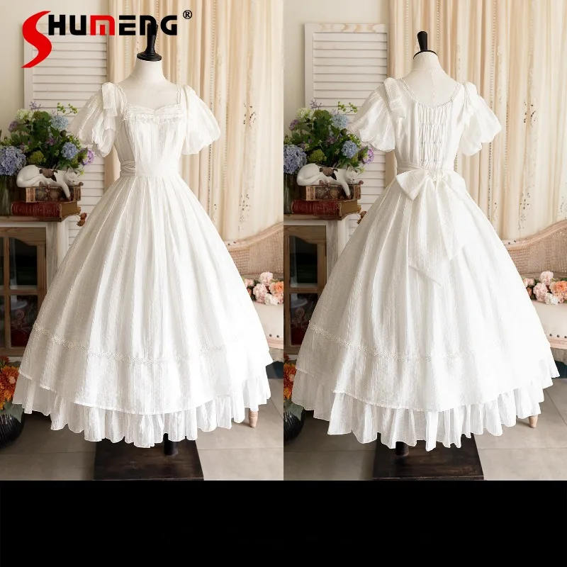 

2024 Japanese Lolita Style Original Retro Pastoral Elegant Summer Classical Short Sleeves Fresh Dress White Color Vestidos Mujer