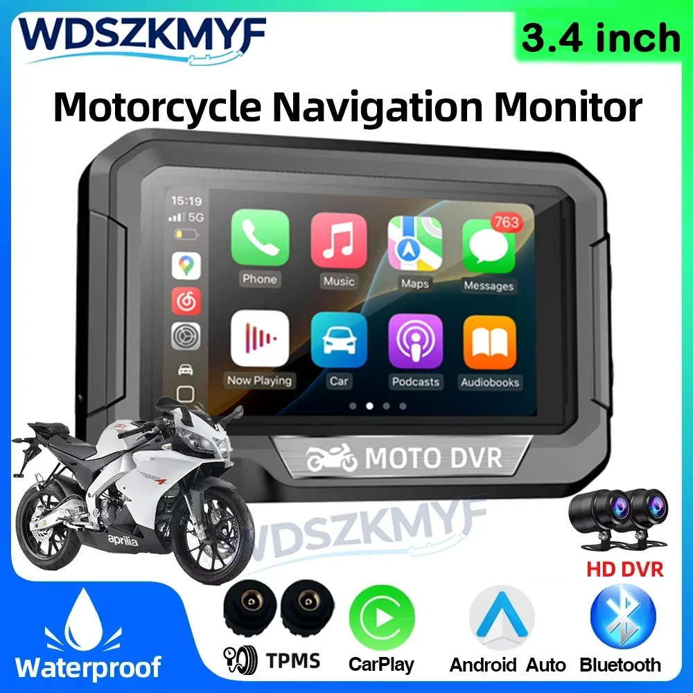 

3.4 Inch Wireless CarPlay Motorcycle Display Screen Moto Navigation Screen Support Android Auto Optional TPMS IP67 Waterproof