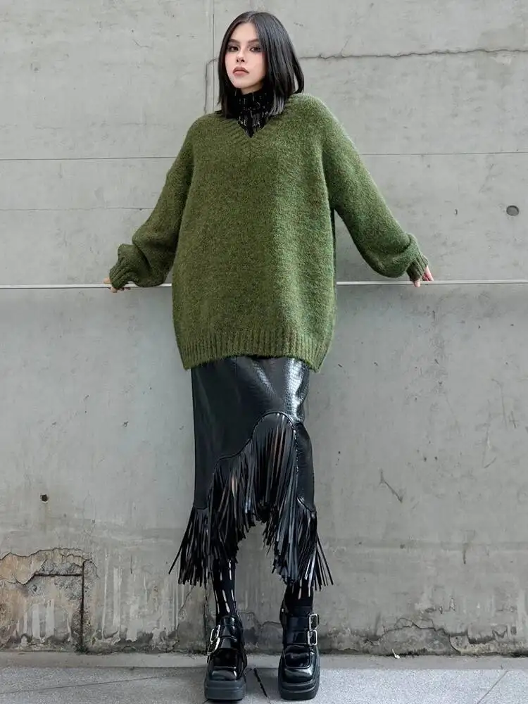 

Green Brief Thick Big Size Knitting Sweater V-Neck Long Sleeve Women Pullovers New Fashion Tide Spring Autumn