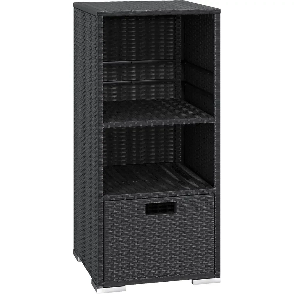 

Black Outdoor Rattan Storage Shed with Towel Rack and Storage Shelves, Ideal for Pool, Patio, Garden, and Deck