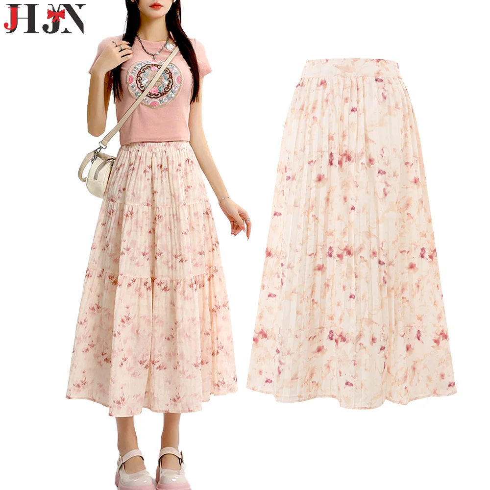 

Летние платья женские, новый стиль, плиссированная юбка трапециевидной формы с цветочным принтом, полуюбка, модные новые стильные длинные платья, женская одежда