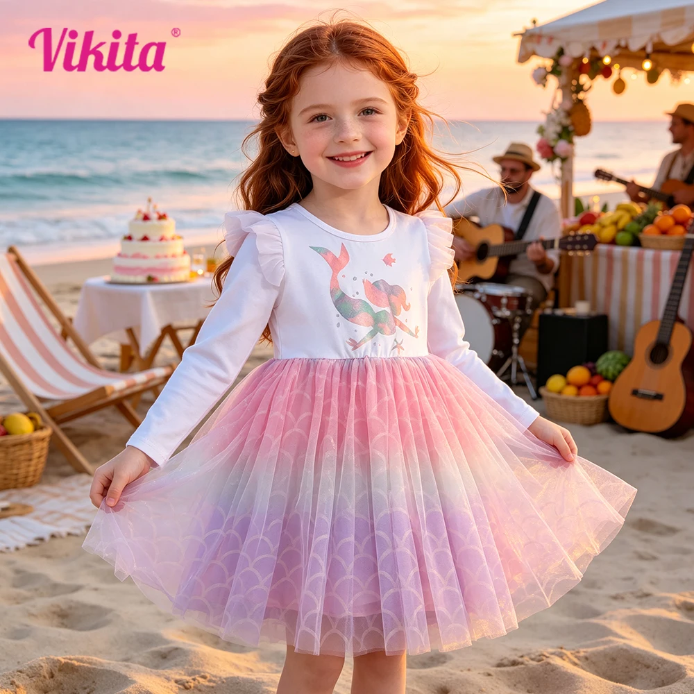 VIKITA Mädchen-Kleid mit Meerjungfrauen-Cartoon-Print, für Kinder, Herbst, Frühling, ausgestellte Ärmel, Mädchen-Kleider mit Farbverlauf, lässig, für den Alltag, Prinzessinnenkleider