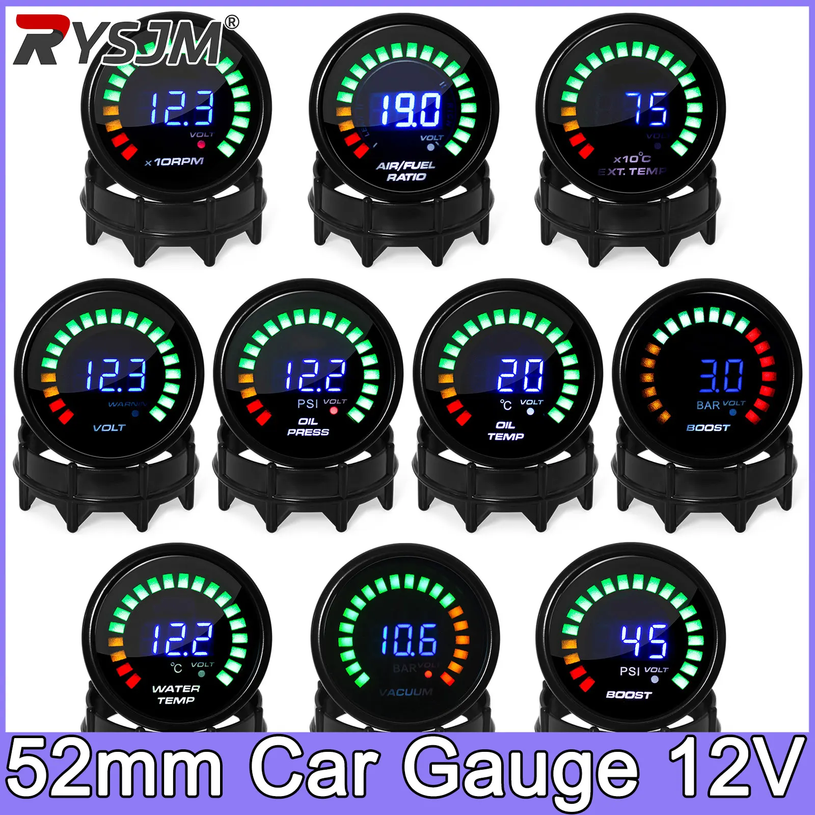 Medidor de Temperatura da Água 52MM com Display Digital LED 20, Manômetro de Pressão de Óleo, Temperatura do Óleo, Voltímetro, AFR, EGT, Tacômetro para Carro