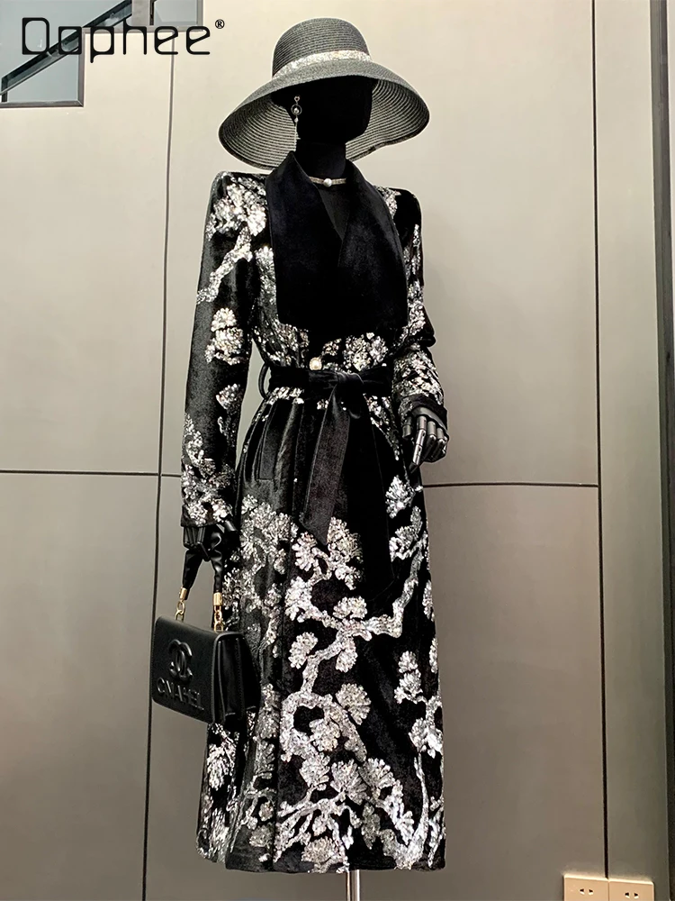 Heavy Sequin Flocked Trench Coat for Women Lace-Up Slimming Elegant Coat 2025 Autumn Winter New Vintage High-End Socialite Coats