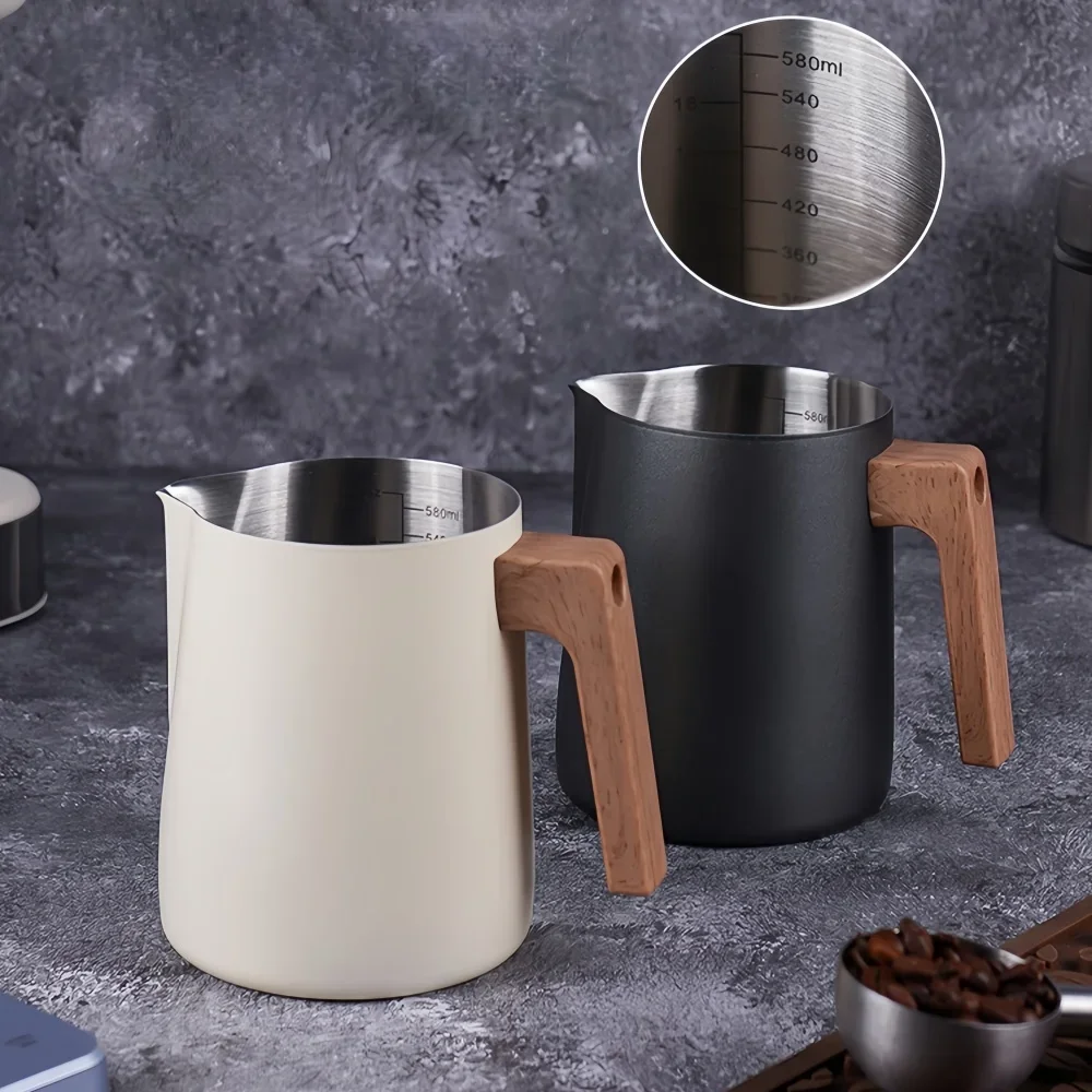 Coffee Milk Frothing Pitcher Jug Anti-scald Wood Grain Handle 304 Stainless Steel Pitcher Mug Cup Professional Coffee Utensils