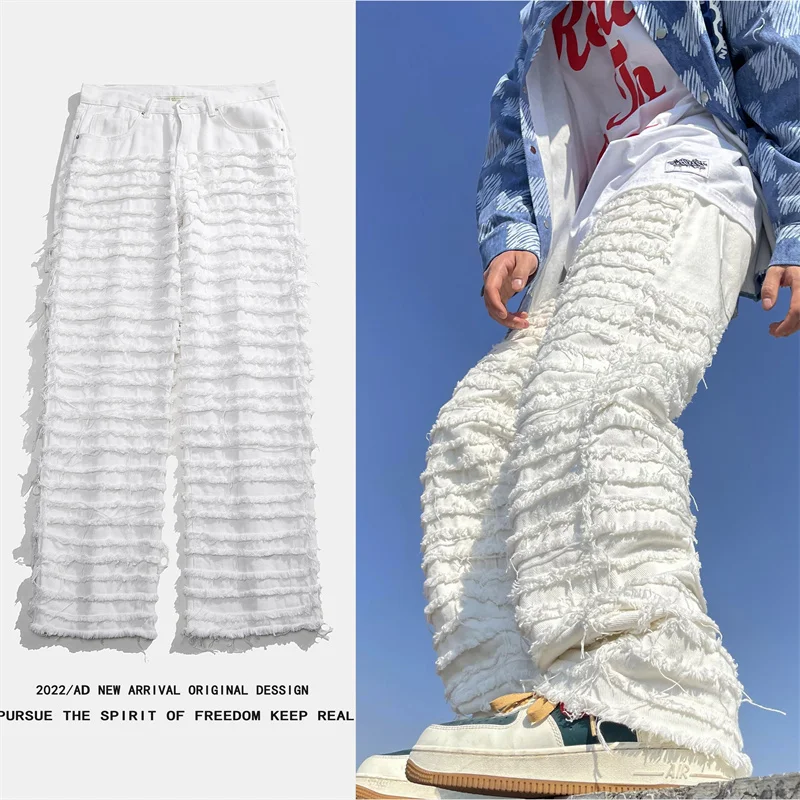 White Hip Hop Jeans Striped Tassel Frayed Straight Baggy Pants Harajuku Male Female Solid Streetwear Casual Denim Trousers