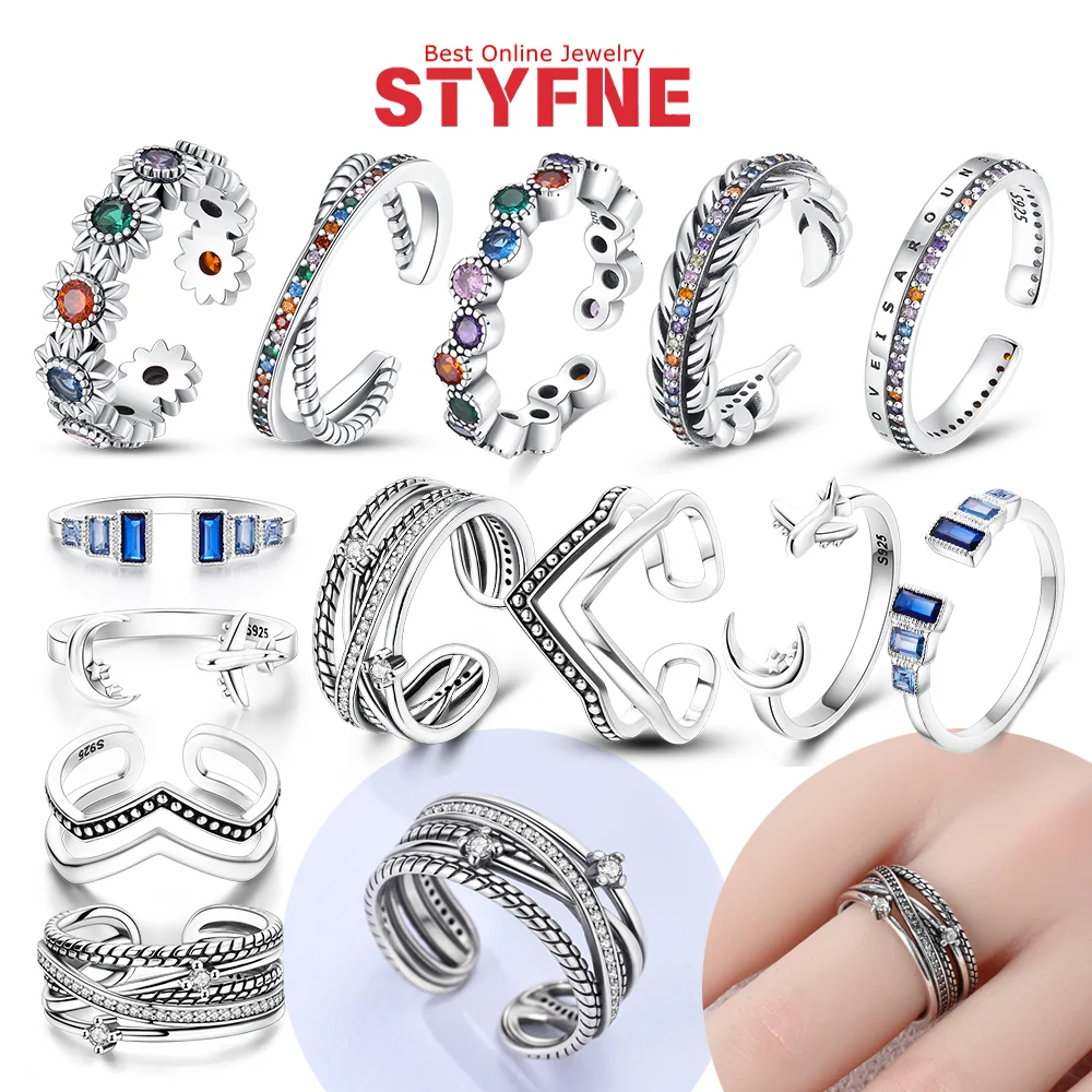 

Rings 925 Silver Colored Zircon Feather Crown Moon Small Cube Sugar Opening Rings for Women Anniversary Jewelry Birthday Gift