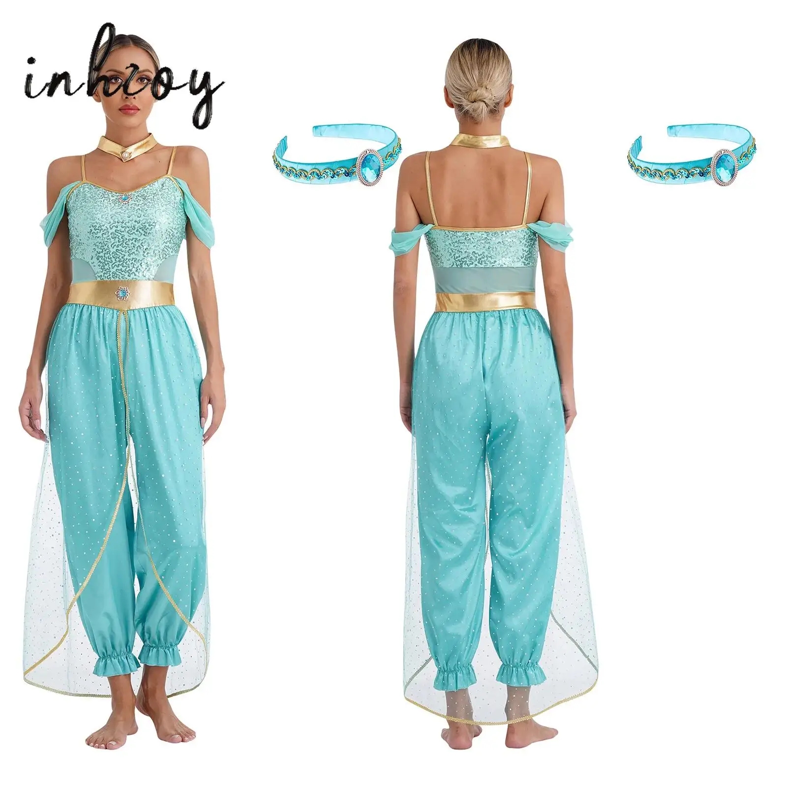 

Womens Halloween Arabian Princess Costume Outfits Gems Sequin Belly Dance Jumpsuit Indian Dance Rompers Party Cosplay Dress Up