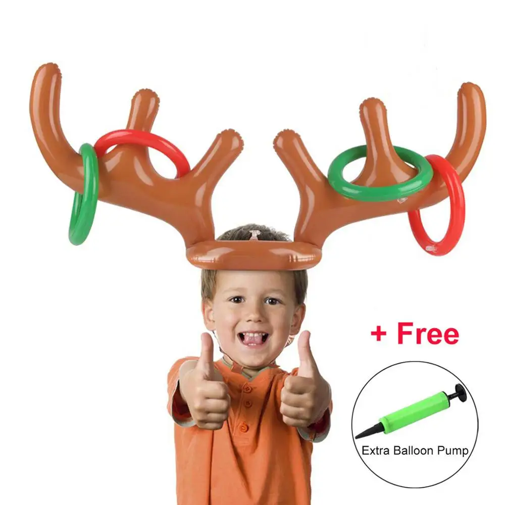 Inflatable Reindeer Antler Hat with Rings Throwing Circle Toys Fun Santa Game Xmas Christmas Party Toss Game Swim Cap