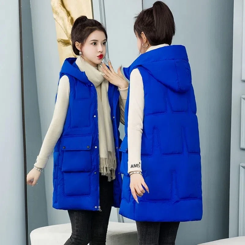 

2022 Autumn Winter Down Puffer Vest Women Casual All-match Sleeveless Jacket Solid Loose Long Body Warm Waistcoat Winter Vest 5X