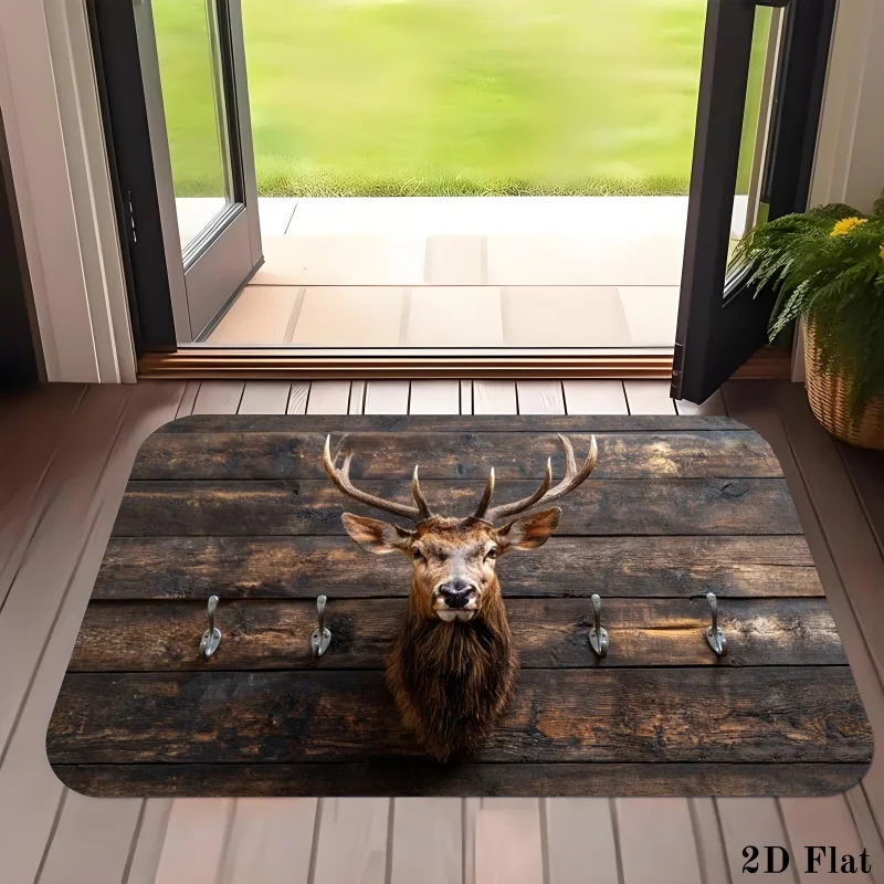 Rustic Deer Head Doormat Wood Texture Hunting Lodge Print Non Slip Entry Rug For Cabin Entryway And Nature Home Decor