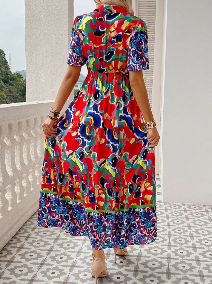 Spring and Summer Casual Collar Multi-Color Printed Dress Short Sleeved Fashionable High Waist Slim Fit Loose Long Skirt