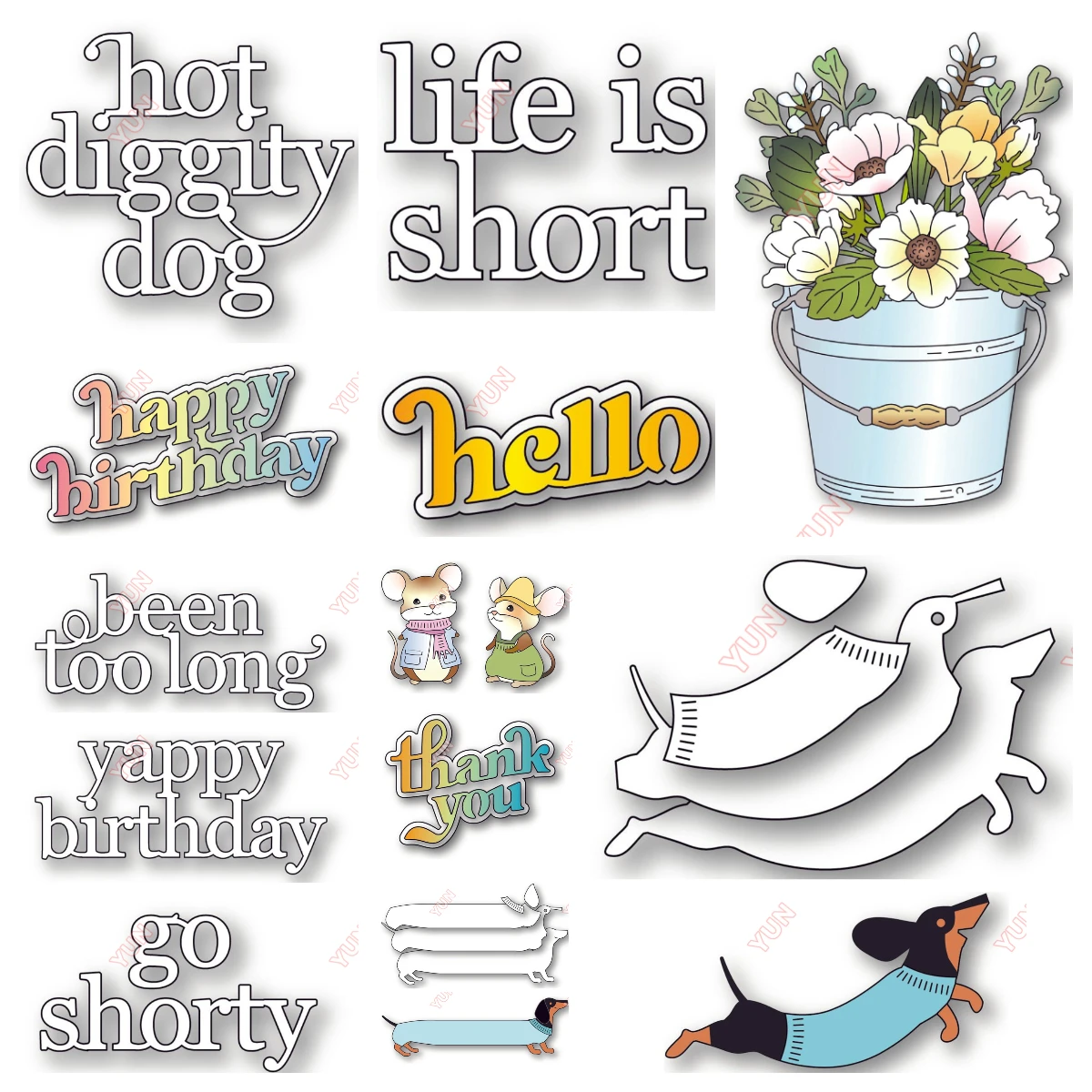 

2025 New Metal Cutting Dies Cheery Happy Birthday Thank You Word Script Mouse Dachshund Dog Die DIY Scrapbooking Card Stencils